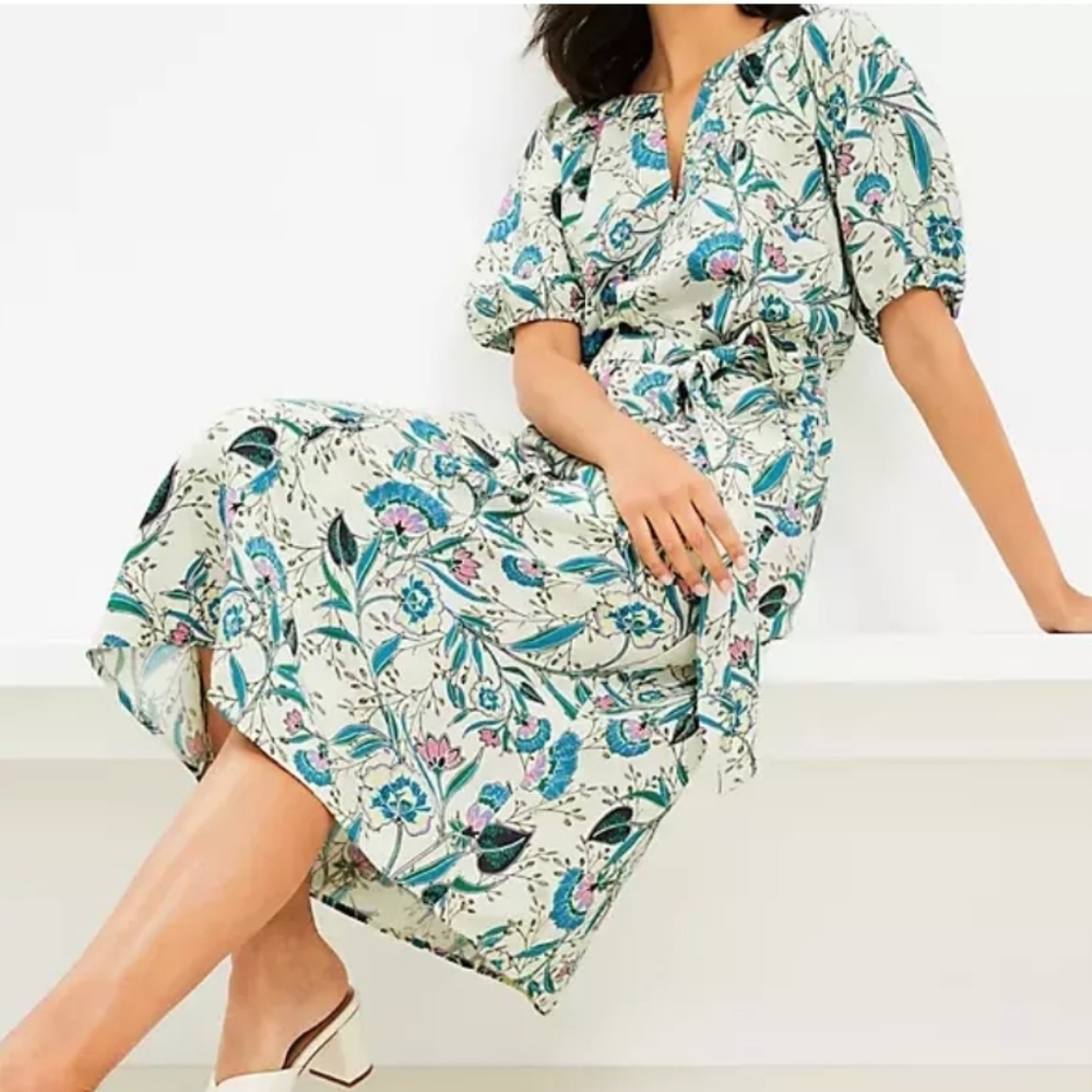 Ann Taylor Loft Linen Floral V-Neck Puff Sleeve Midi Dress Size MP Belted - Picture 5 of 16